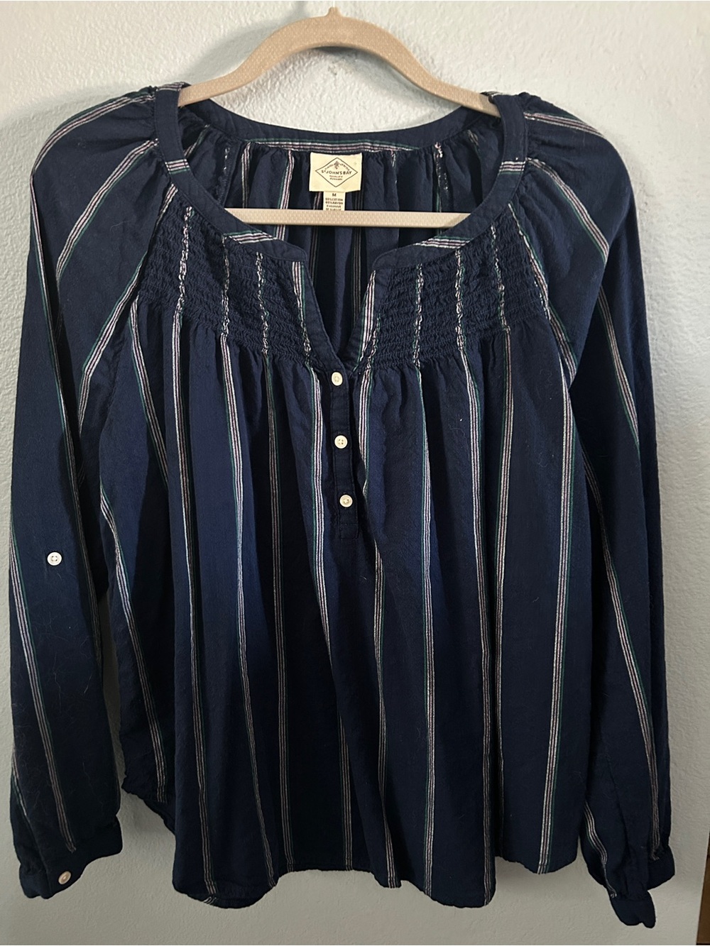 St. John's Bay Navy Striped Smocked Button-Front Tunic Size Medium